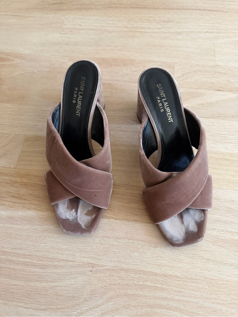 Saint Laurent Pinkish Brown Velvet Crisscross Mule Heels